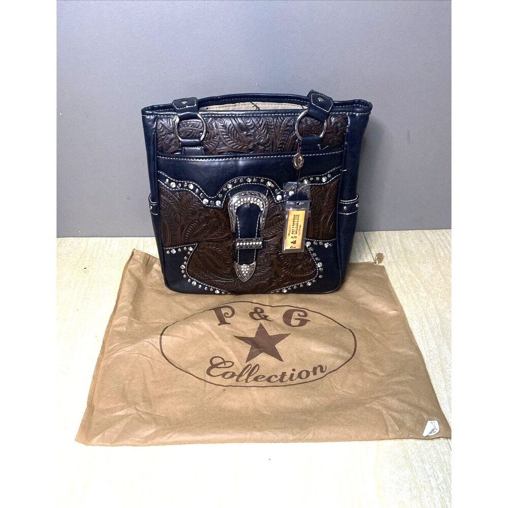 P & G Collections Western Style Brown Leather Purse w/Metal & Faux Diamond Studs